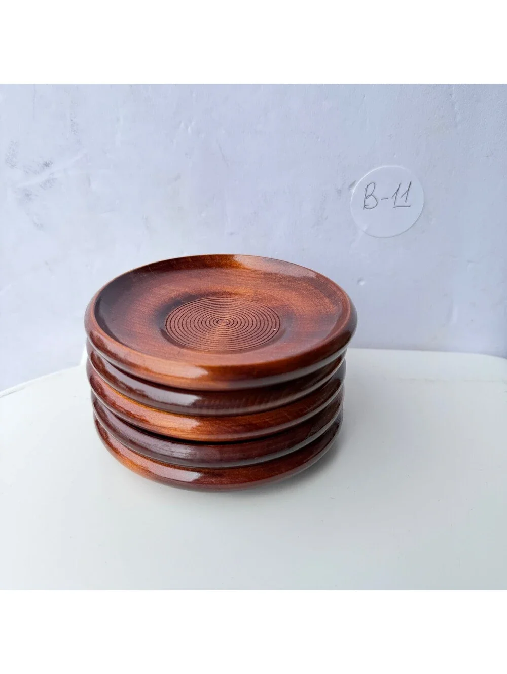 Set of 5 Vintage Style Wooden Coasters Saucers Concentric Circle Design B-11